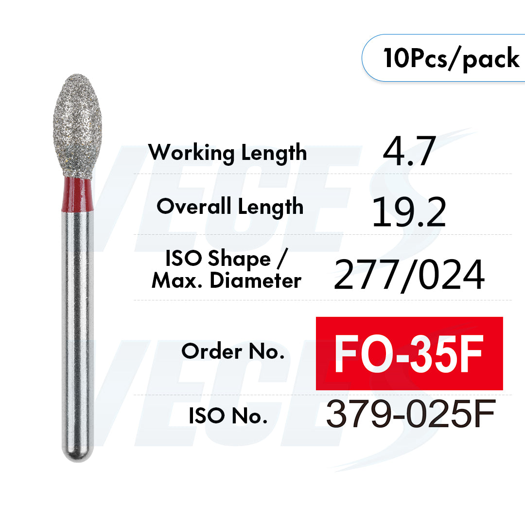 Veges Dental FO Fine Grit Pointed Flame Diamond Dental Bur – 10pcs/Pack