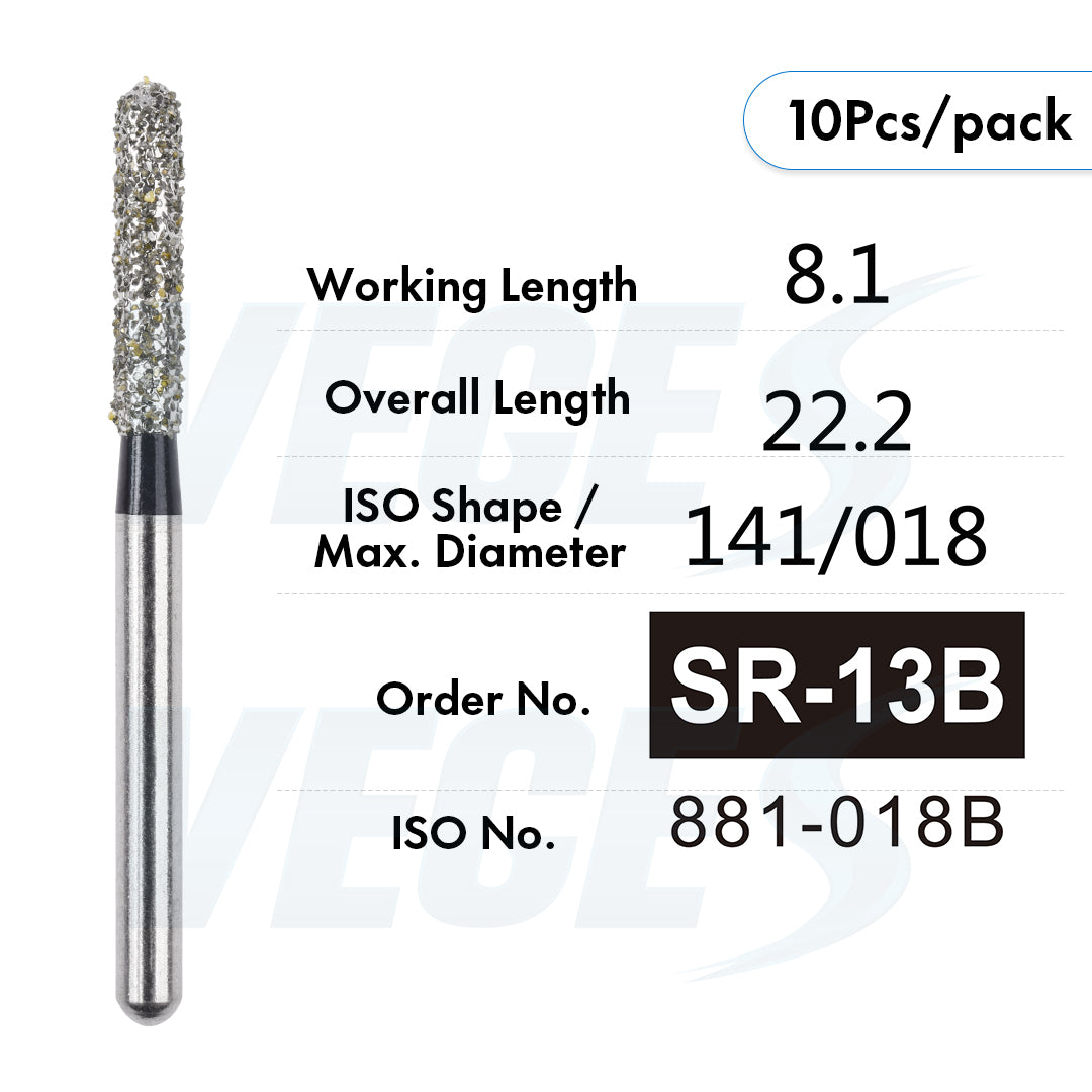 Veges Dental SR Super Coarse Round-End Cylinder Diamond Dental Bur for Crown Preparation - 10pcs/Pack