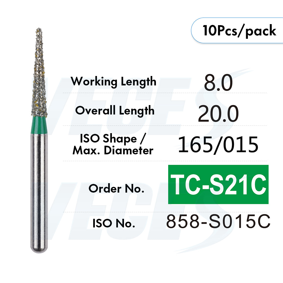 Veges Dental TC Coarse Tapered Point Diamond Dental Bur for Crown Preparation & Tooth Reduction | Green Ring | FG | 10pcs