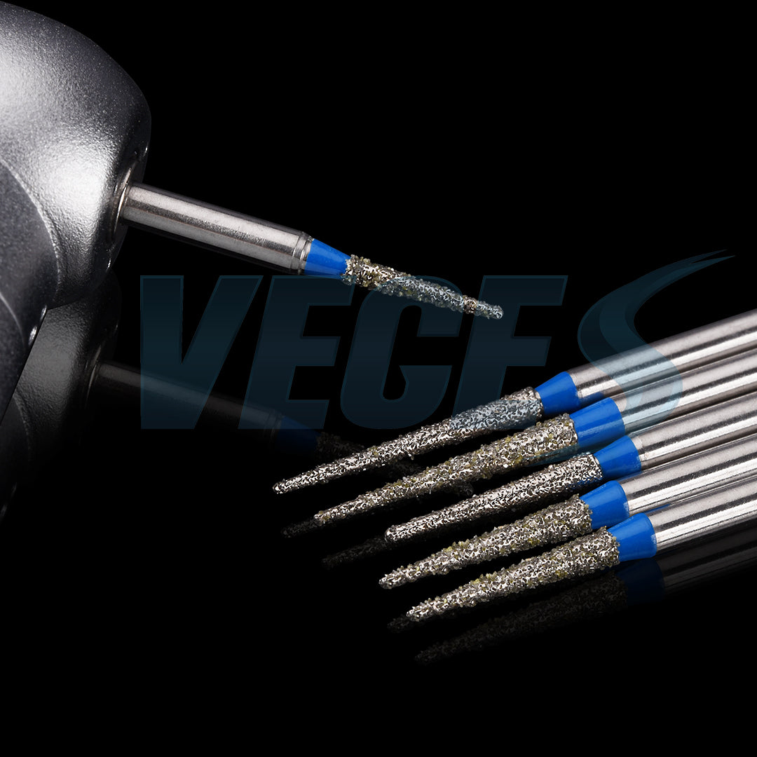 Close Up View of Veges Dental TC Tapered Point Diamond Bur for Crown Preparation and Tooth Reduction
