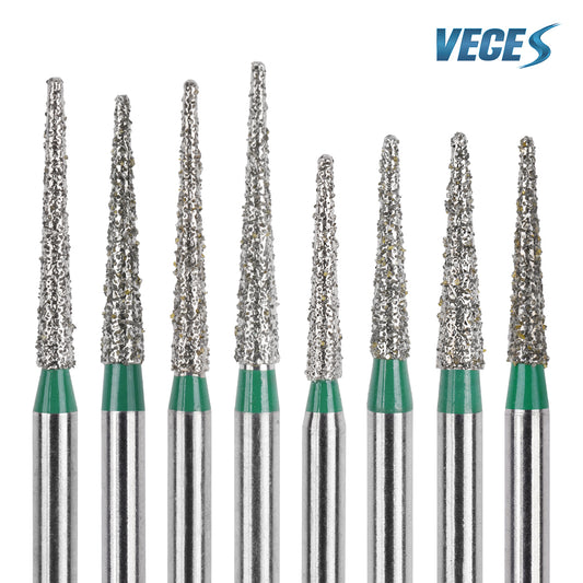 Veges Dental TC Coarse Tapered Point Diamond Dental Bur Green Ring FG for Crown Preparation and Tooth Reduction 10pcs