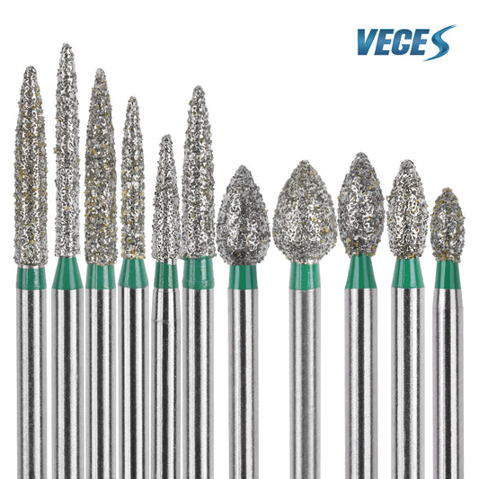 Veges Dental FO Coarse Flame Diamond Dental Bur Green Ring FG for Tooth Reduction and Contouring 10pcs