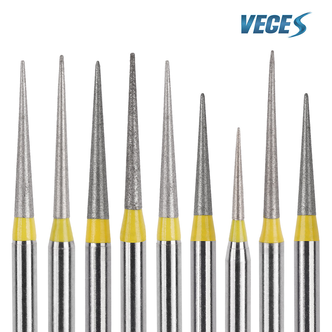 Veges Dental TC Extra Fine Tapered Point Diamond Dental Bur Yellow Ring FG for Crown Finishing and Precision Preparation 10pcs