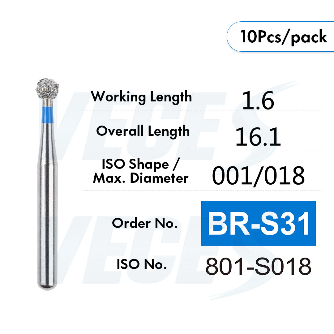 Veges Dental BR Standard Grit Round Diamond Dental Bur – 10pcs/Pack