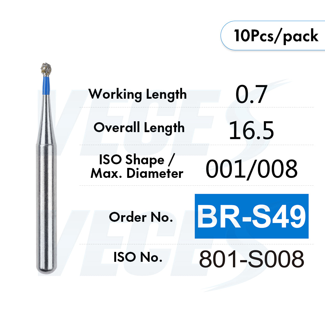 Veges Dental BR Standard Grit Round Diamond Dental Bur – 10pcs/Pack