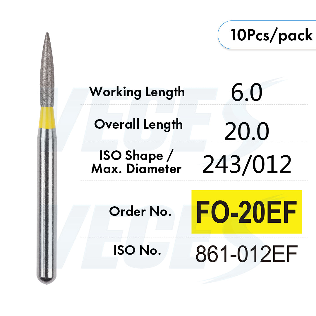 Veges Dental FO Extra Fine Flame Diamond Dental Bur for Finishing & Polishing – 10pcs/Pack