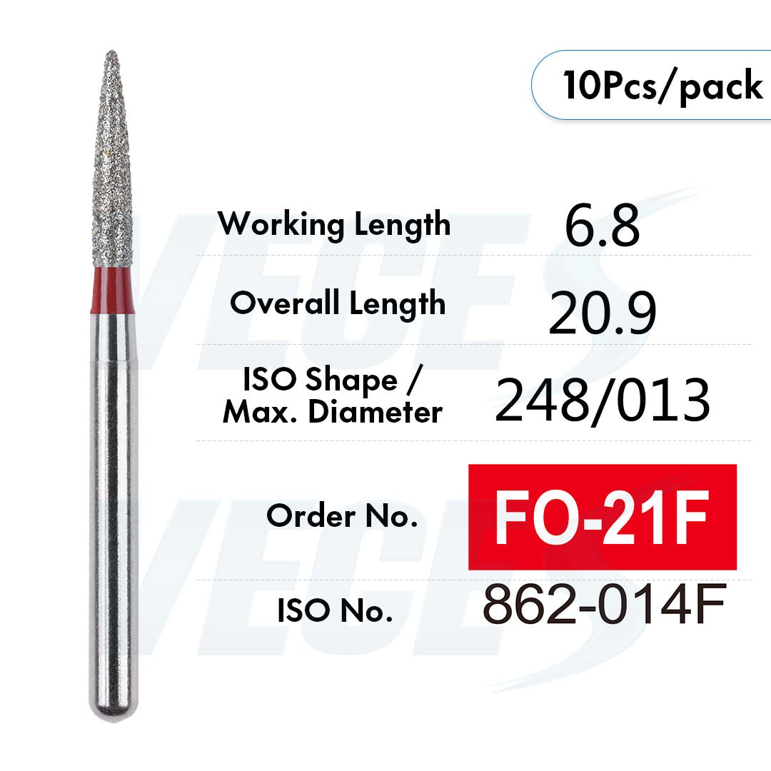 Veges Dental FO Fine Grit Pointed Flame Diamond Dental Bur – 10pcs/Pack