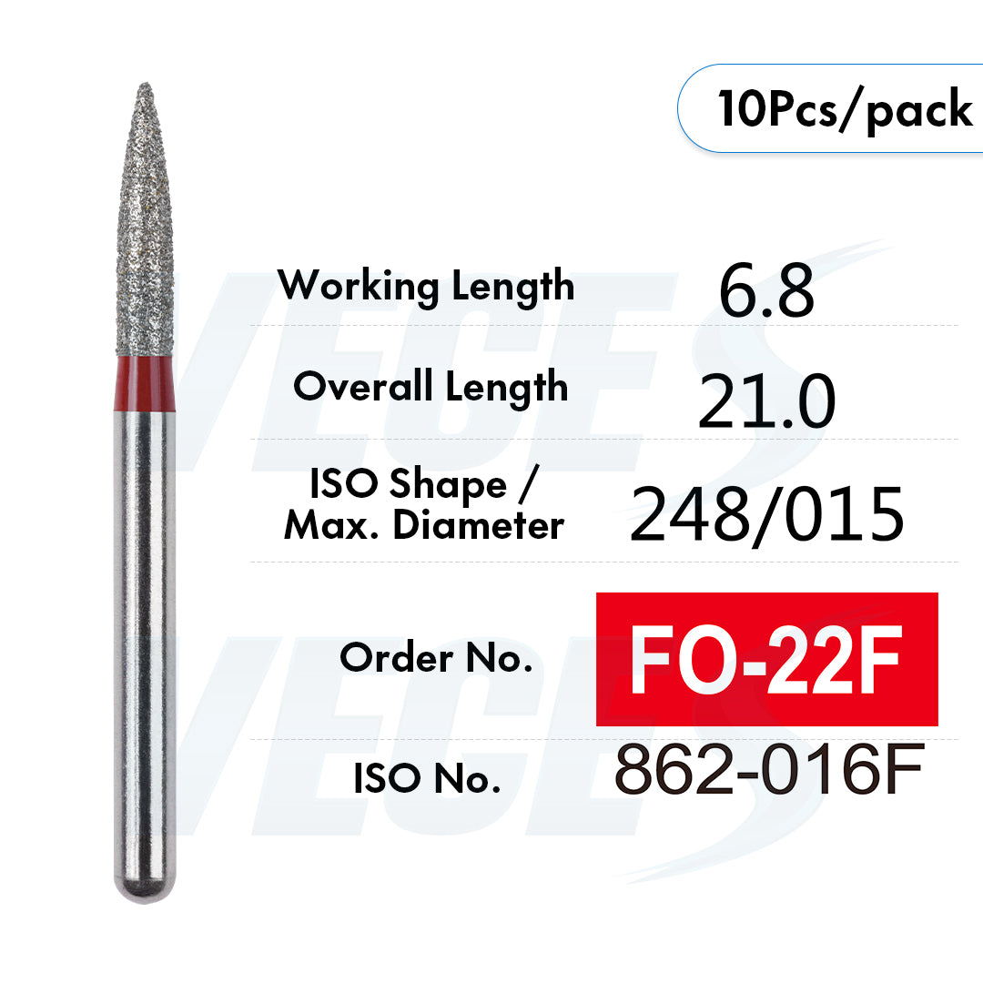 Veges Dental FO Fine Grit Pointed Flame Diamond Dental Bur – 10pcs/Pack