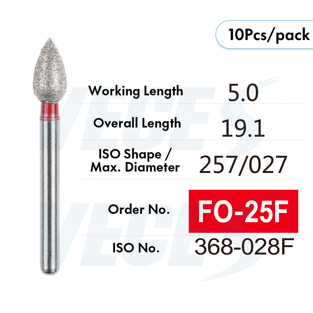 Veges Dental FO Fine Grit Pointed Flame Diamond Dental Bur – 10pcs/Pack