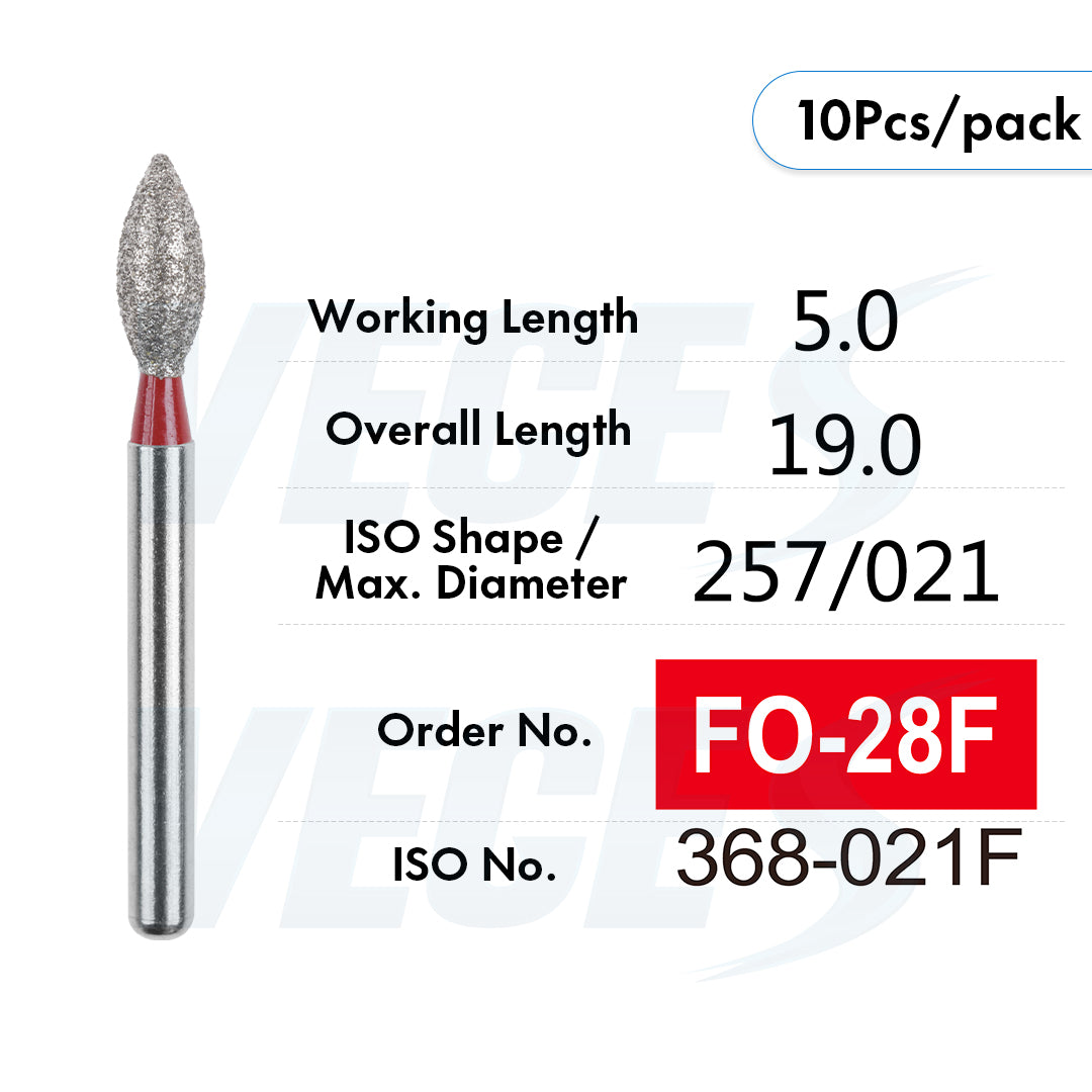 Veges Dental FO Fine Grit Pointed Flame Diamond Dental Bur – 10pcs/Pack