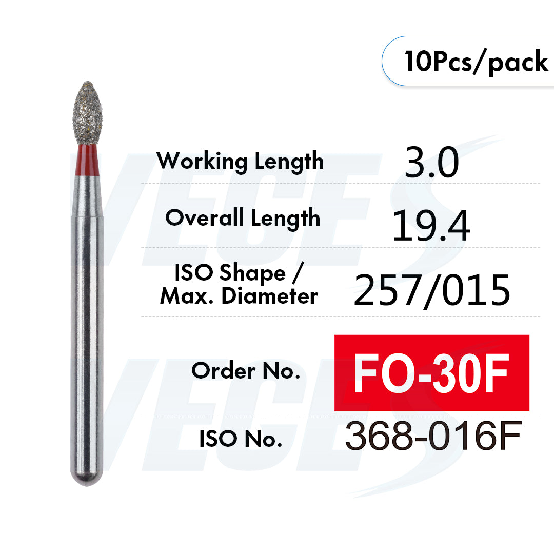 Veges Dental FO Fine Grit Pointed Flame Diamond Dental Bur – 10pcs/Pack