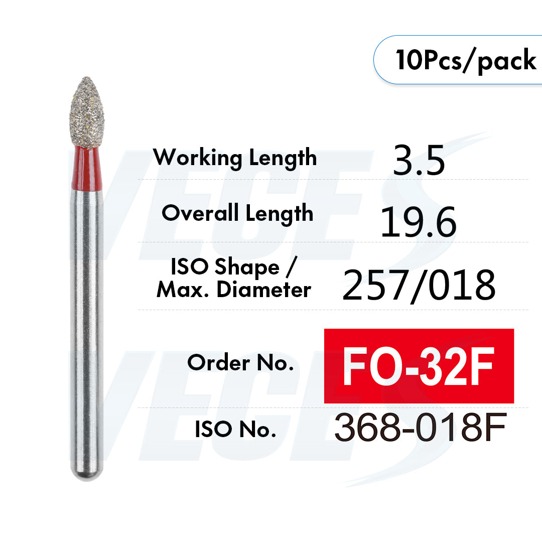 Veges Dental FO Fine Grit Pointed Flame Diamond Dental Bur – 10pcs/Pack