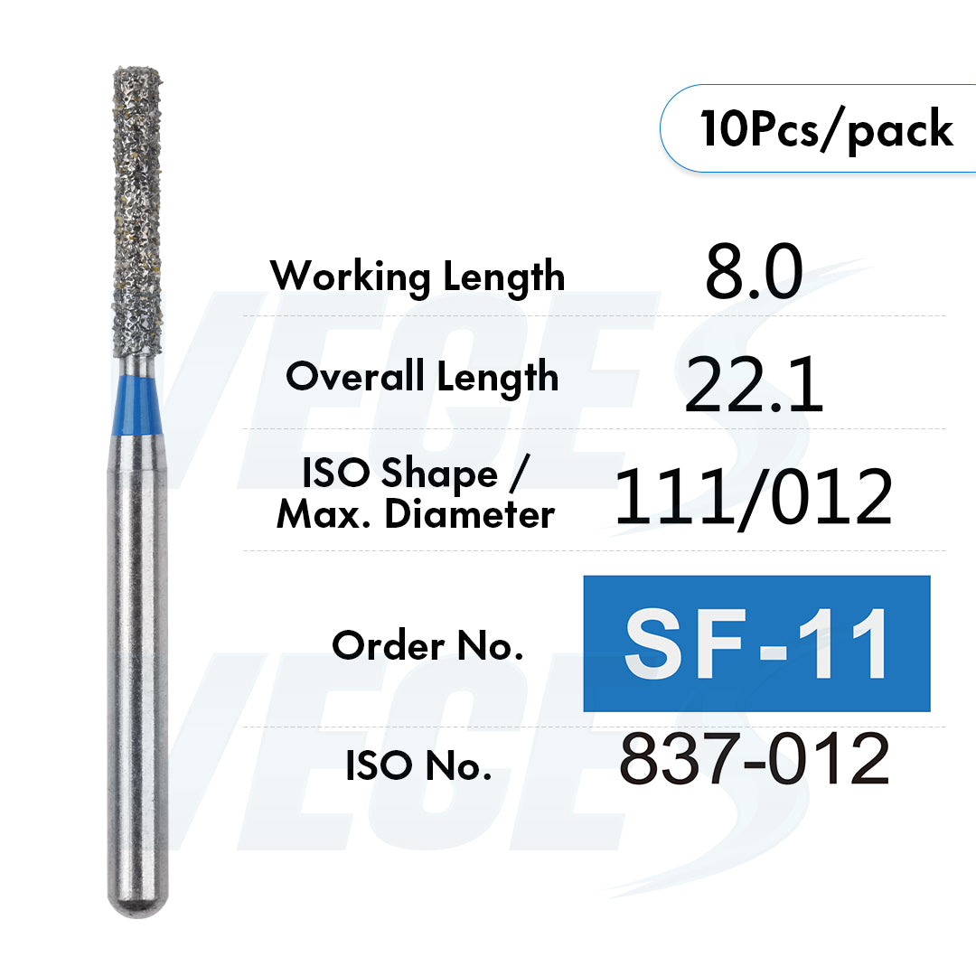 Veges Dental SF Standard Grit Flat-End Diamond Dental Bur for Tooth Preparation - 10pcs/Pack