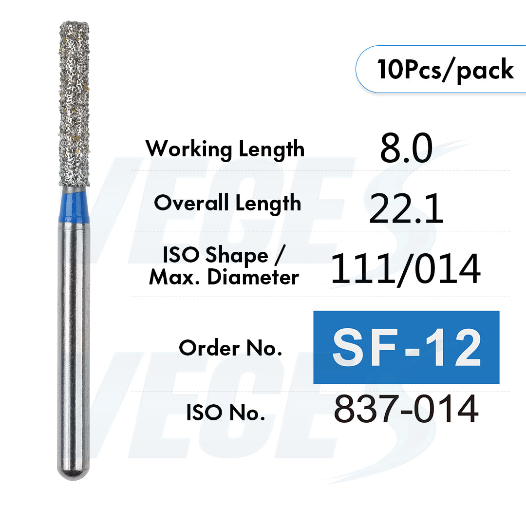 Veges Dental SF Standard Grit Flat-End Diamond Dental Bur for Tooth Preparation - 10pcs/Pack