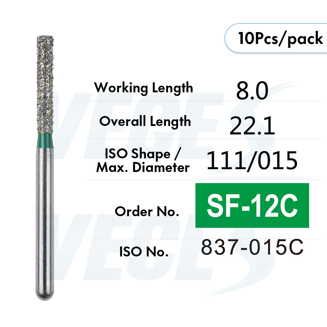 Veges Dental SF Coarse Grit Flat-End Diamond Dental Bur for Tooth Preparation - 10pcs/Pack