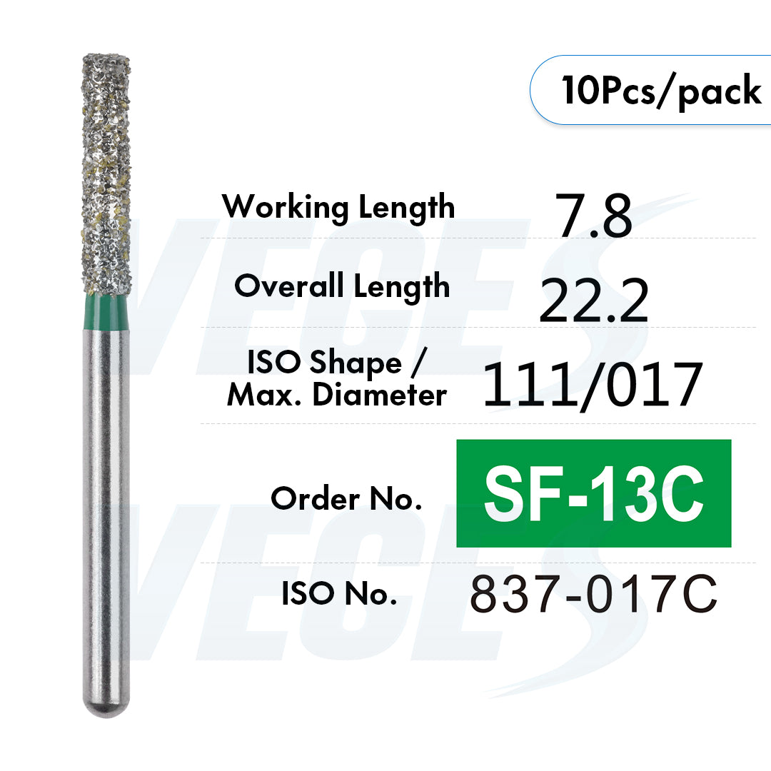 Veges Dental SF Coarse Grit Flat-End Diamond Dental Bur for Tooth Preparation - 10pcs/Pack