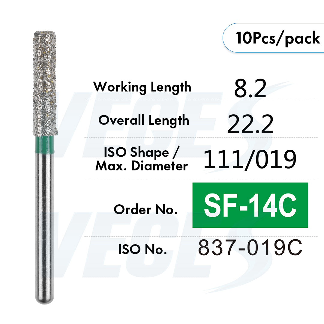 Veges Dental SF Coarse Grit Flat-End Diamond Dental Bur for Tooth Preparation - 10pcs/Pack