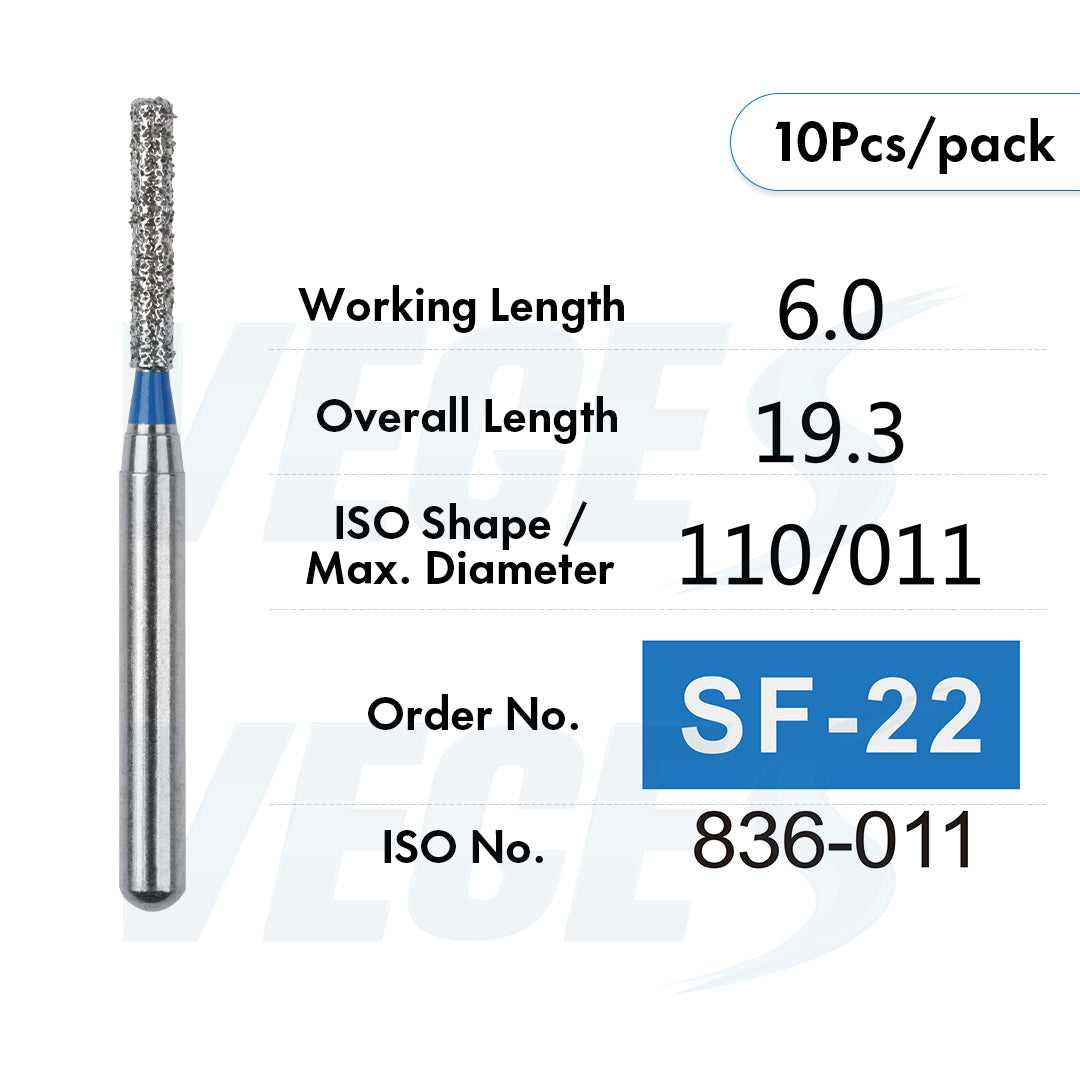 Veges Dental SF Standard Grit Flat-End Diamond Dental Bur for Tooth Preparation - 10pcs/Pack