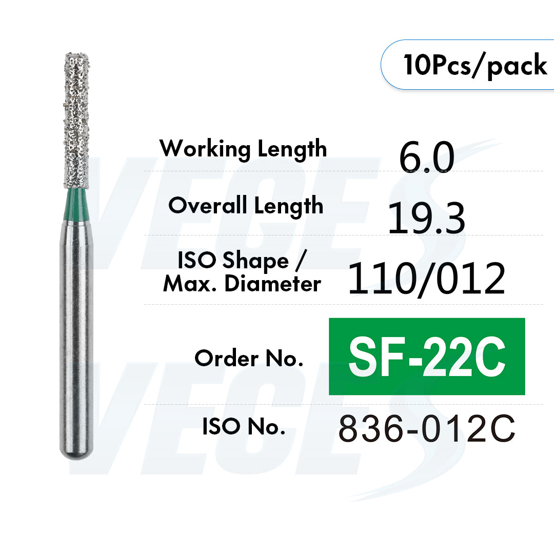 Veges Dental SF Coarse Grit Flat-End Diamond Dental Bur for Tooth Preparation - 10pcs/Pack