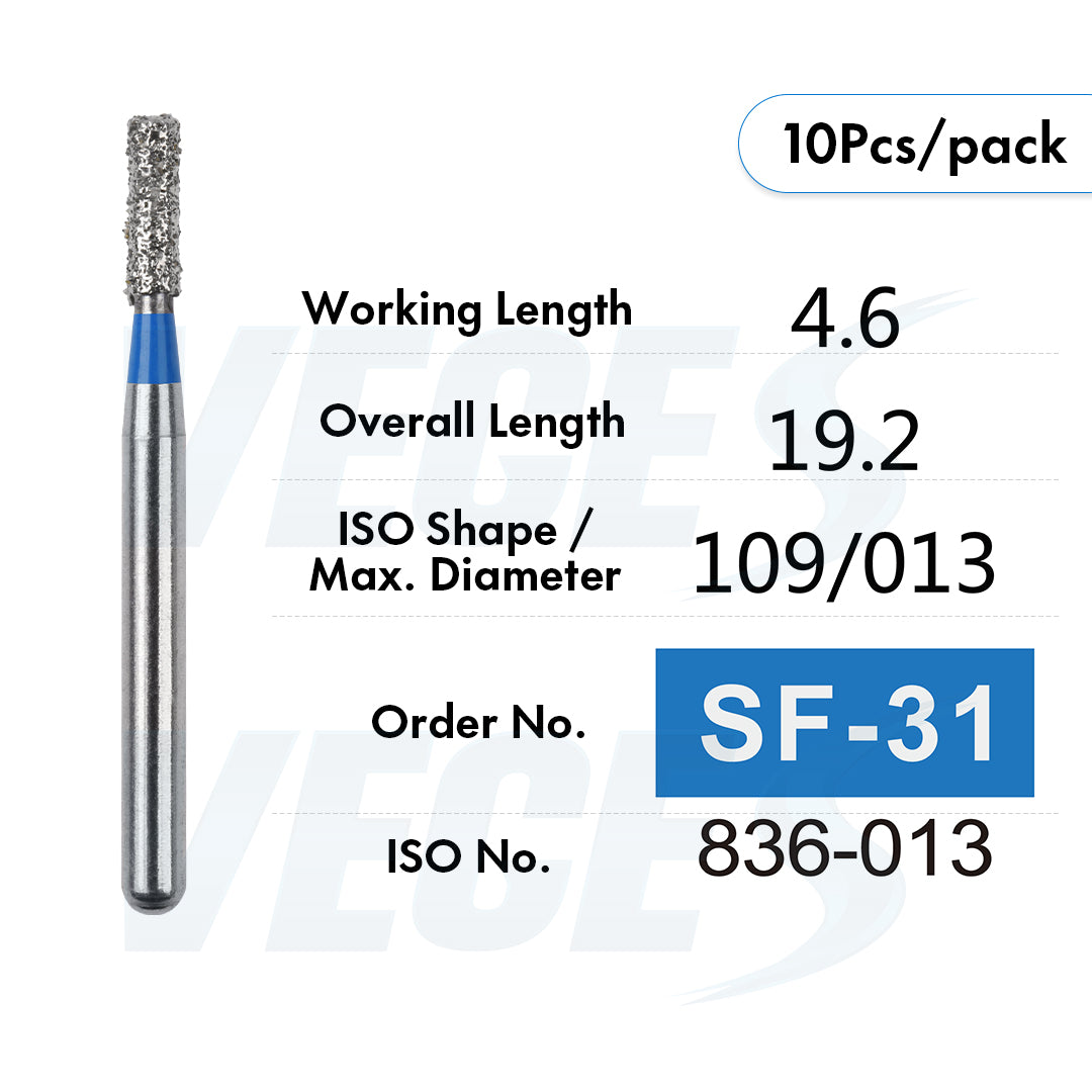 Veges Dental SF Standard Grit Flat-End Diamond Dental Bur for Tooth Preparation - 10pcs/Pack