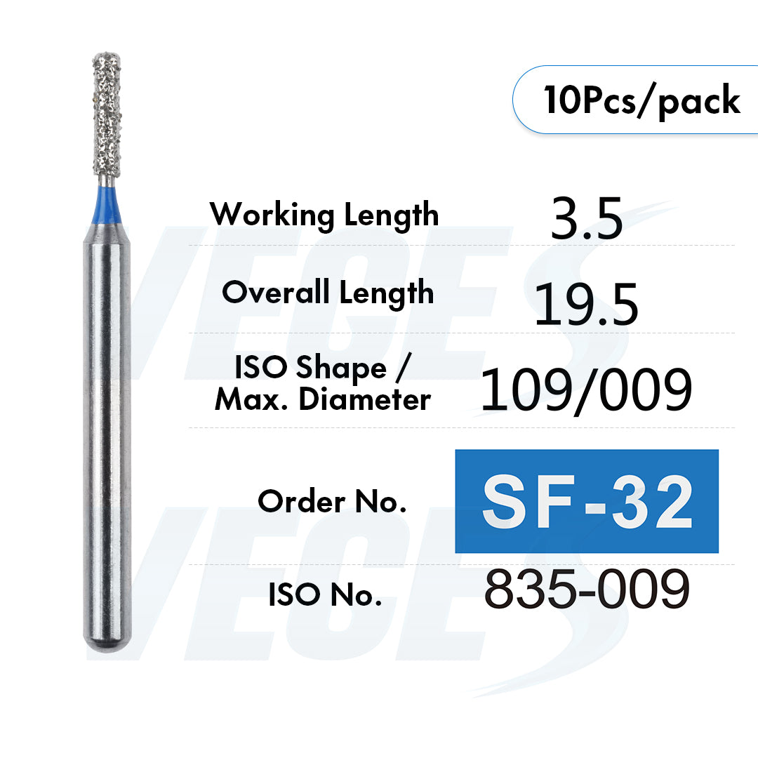 Veges Dental SF Standard Grit Flat-End Diamond Dental Bur for Tooth Preparation - 10pcs/Pack