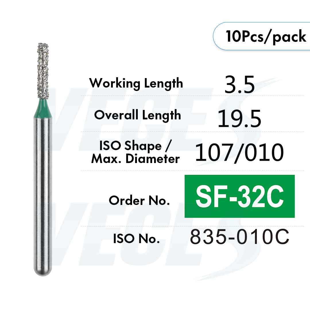 Veges Dental SF Coarse Grit Flat-End Diamond Dental Bur for Tooth Preparation - 10pcs/Pack