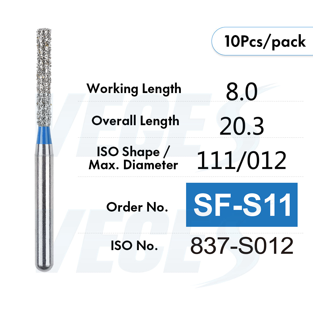 Veges Dental SF Standard Grit Flat-End Diamond Dental Bur for Tooth Preparation - 10pcs/Pack