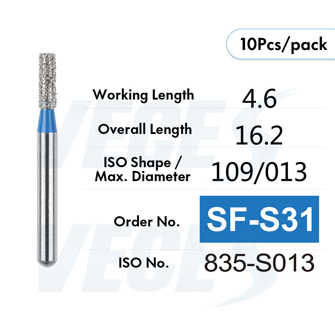 Veges Dental SF Standard Grit Flat-End Diamond Dental Bur for Tooth Preparation - 10pcs/Pack