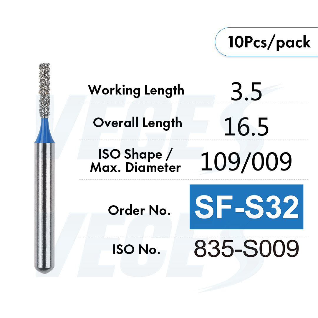 Veges Dental SF Standard Grit Flat-End Diamond Dental Bur for Tooth Preparation - 10pcs/Pack