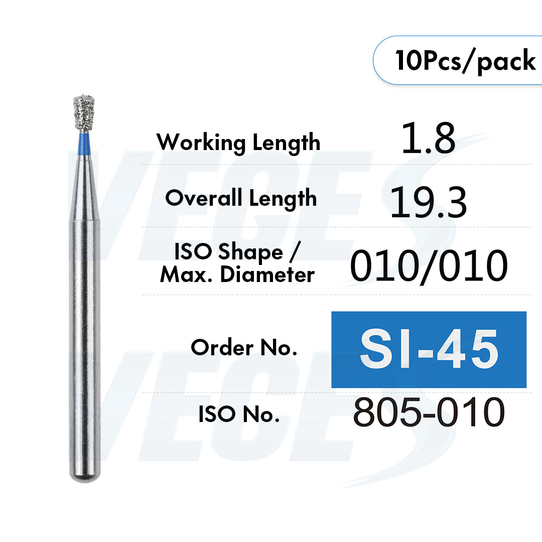 Veges Dental SI Standard Grit Inverted Cone Diamond Dental Bur for Cavity Preparation - 10pcs/Pack