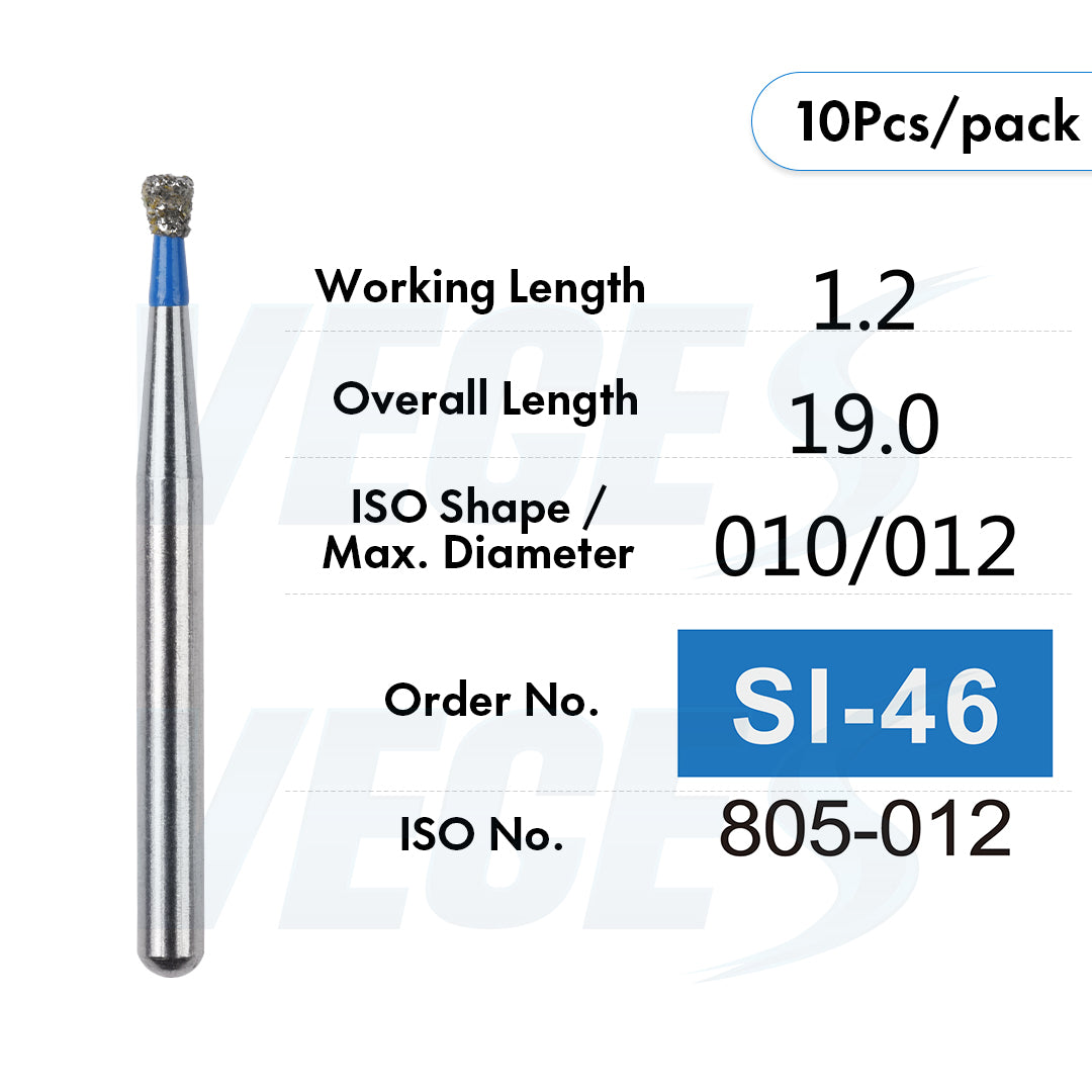 Veges Dental SI Standard Grit Inverted Cone Diamond Dental Bur for Cavity Preparation - 10pcs/Pack