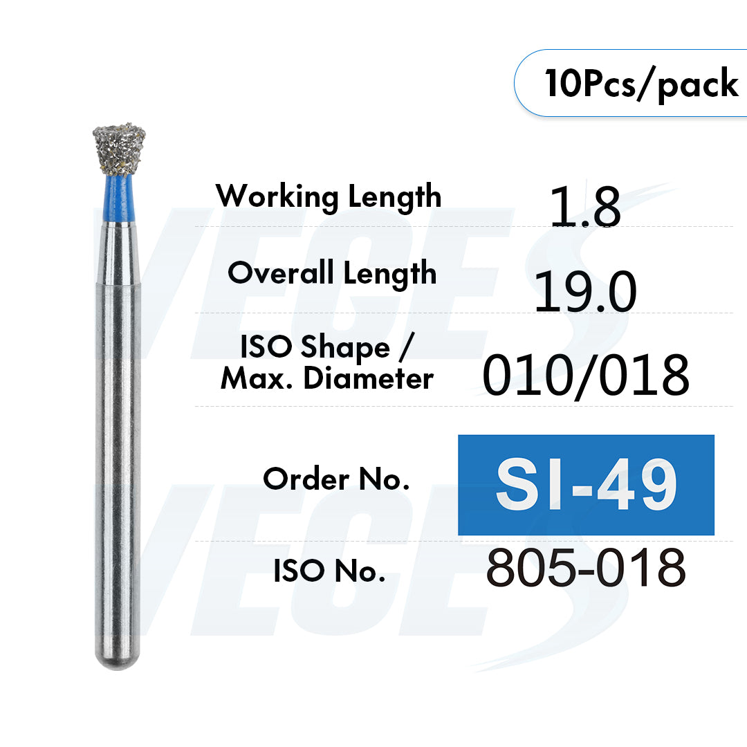 Veges Dental SI Standard Grit Inverted Cone Diamond Dental Bur for Cavity Preparation - 10pcs/Pack
