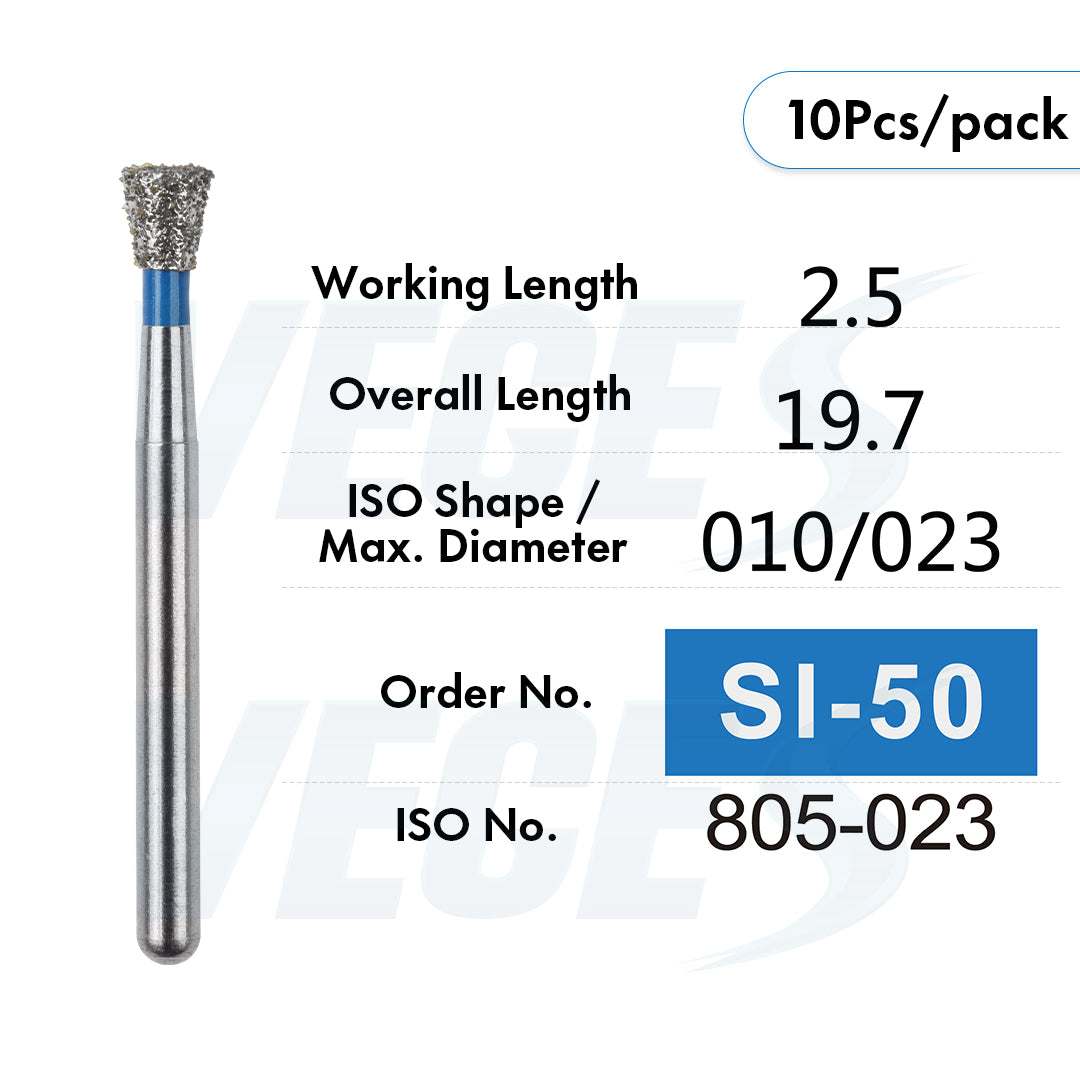 Veges Dental SI Standard Grit Inverted Cone Diamond Dental Bur for Cavity Preparation - 10pcs/Pack