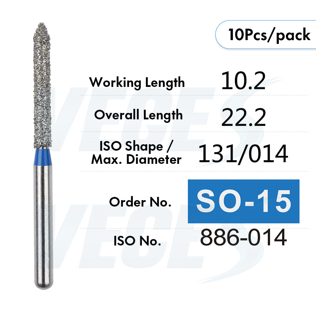 Veges Dental SO Standard Grit Pointed Tapered Diamond Dental Bur for Crown Preparation - 10pcs/Pack