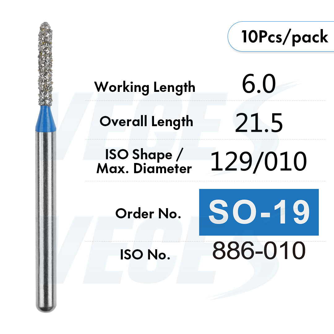 Veges Dental SO Standard Grit Pointed Tapered Diamond Dental Bur for Crown Preparation - 10pcs/Pack