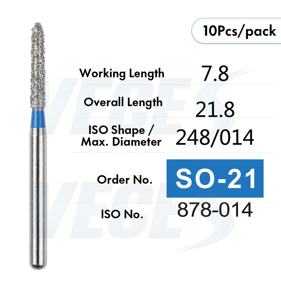 Veges Dental SO Standard Grit Pointed Tapered Diamond Dental Bur for Crown Preparation - 10pcs/Pack