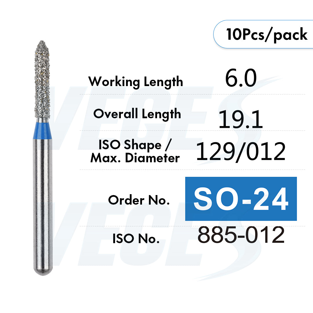 Veges Dental SO Standard Grit Pointed Tapered Diamond Dental Bur for Crown Preparation - 10pcs/Pack