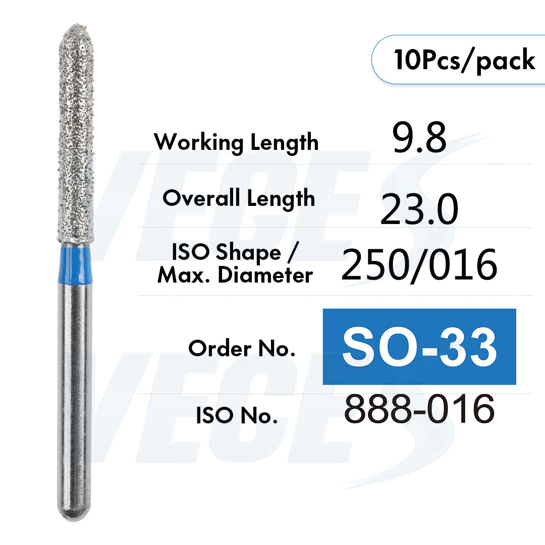 Veges Dental SO Standard Grit Pointed Tapered Diamond Dental Bur for Crown Preparation - 10pcs/Pack