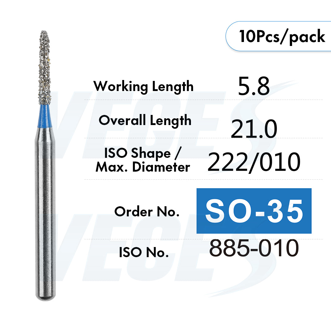 Veges Dental SO Standard Grit Pointed Tapered Diamond Dental Bur for Crown Preparation - 10pcs/Pack