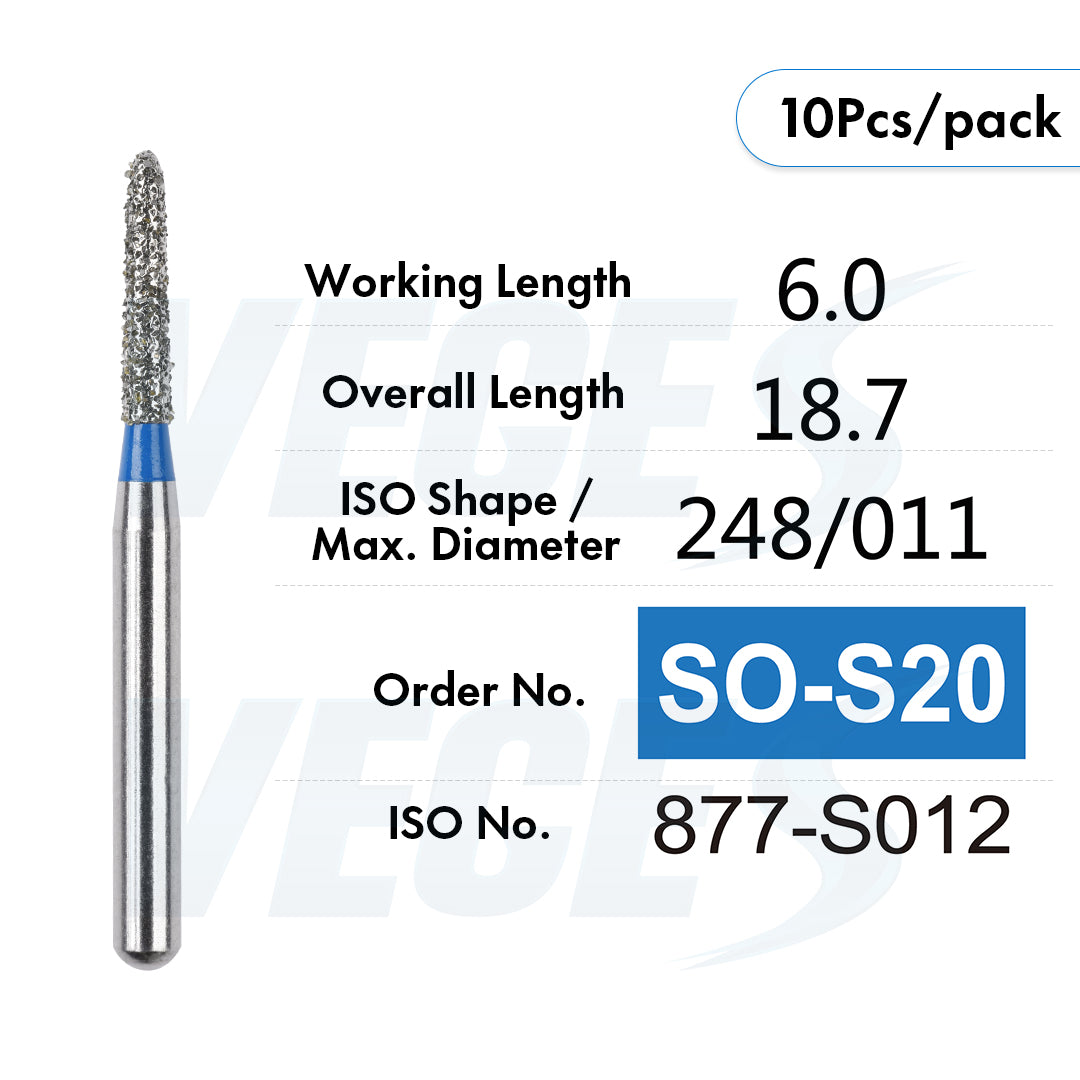 Veges Dental SO Standard Grit Pointed Tapered Diamond Dental Bur for Crown Preparation - 10pcs/Pack