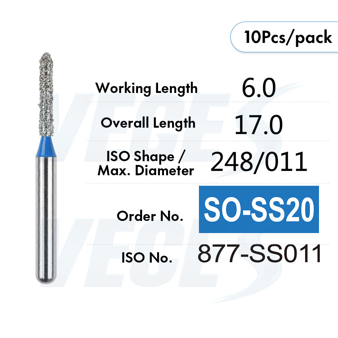 Veges Dental SO Standard Grit Pointed Tapered Diamond Dental Bur for Crown Preparation - 10pcs/Pack