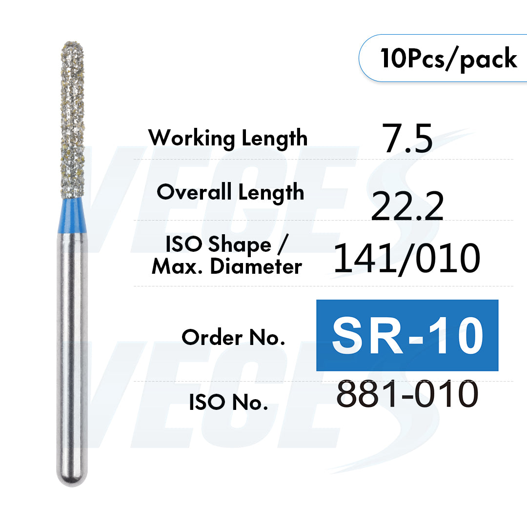 Veges Dental SR Standard Grit Torpedo Round-End Cylinder Diamond Dental Bur for Crown Preparation - 10pcs/Pack