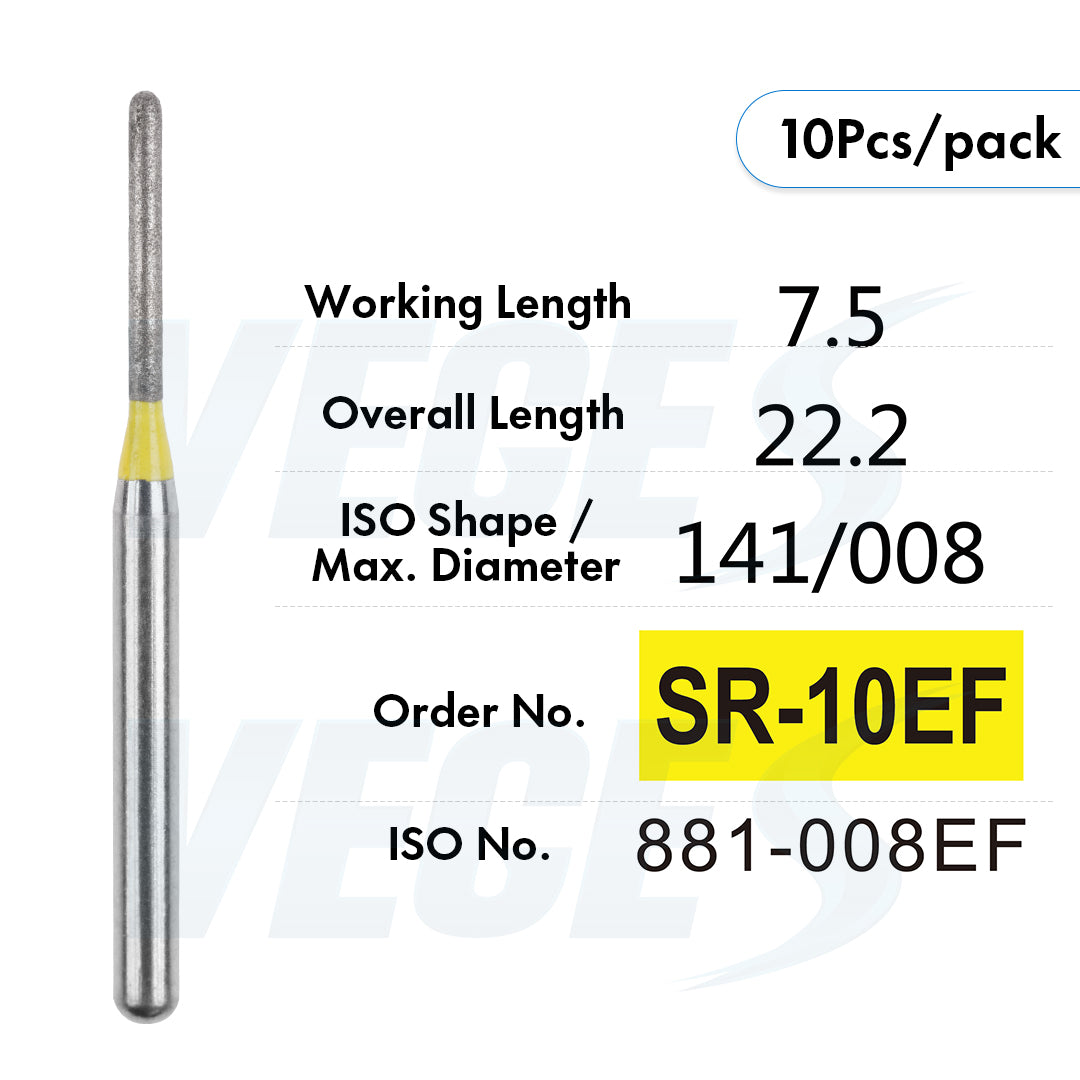 Veges Dental SR Extra Fine Torpedo Round-End Cylinder Diamond Dental Bur for Crown Preparation - 10pcs/Pack