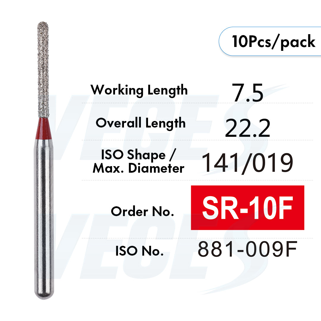 Veges Dental SR Fine Torpedo Round-End Cylinder Diamond Dental Bur for Crown Preparation - 10pcs/Pack