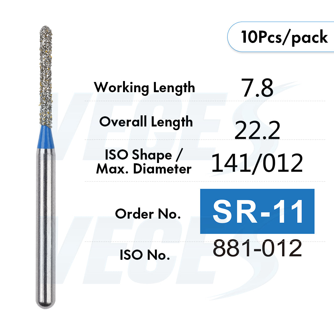 Veges Dental SR Standard Grit Torpedo Round-End Cylinder Diamond Dental Bur for Crown Preparation - 10pcs/Pack