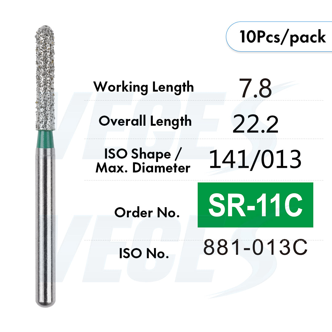Veges Dental SR Coarse Torpedo Round-End Cylinder Diamond Dental Bur for Crown Preparation - 10pcs/Pack