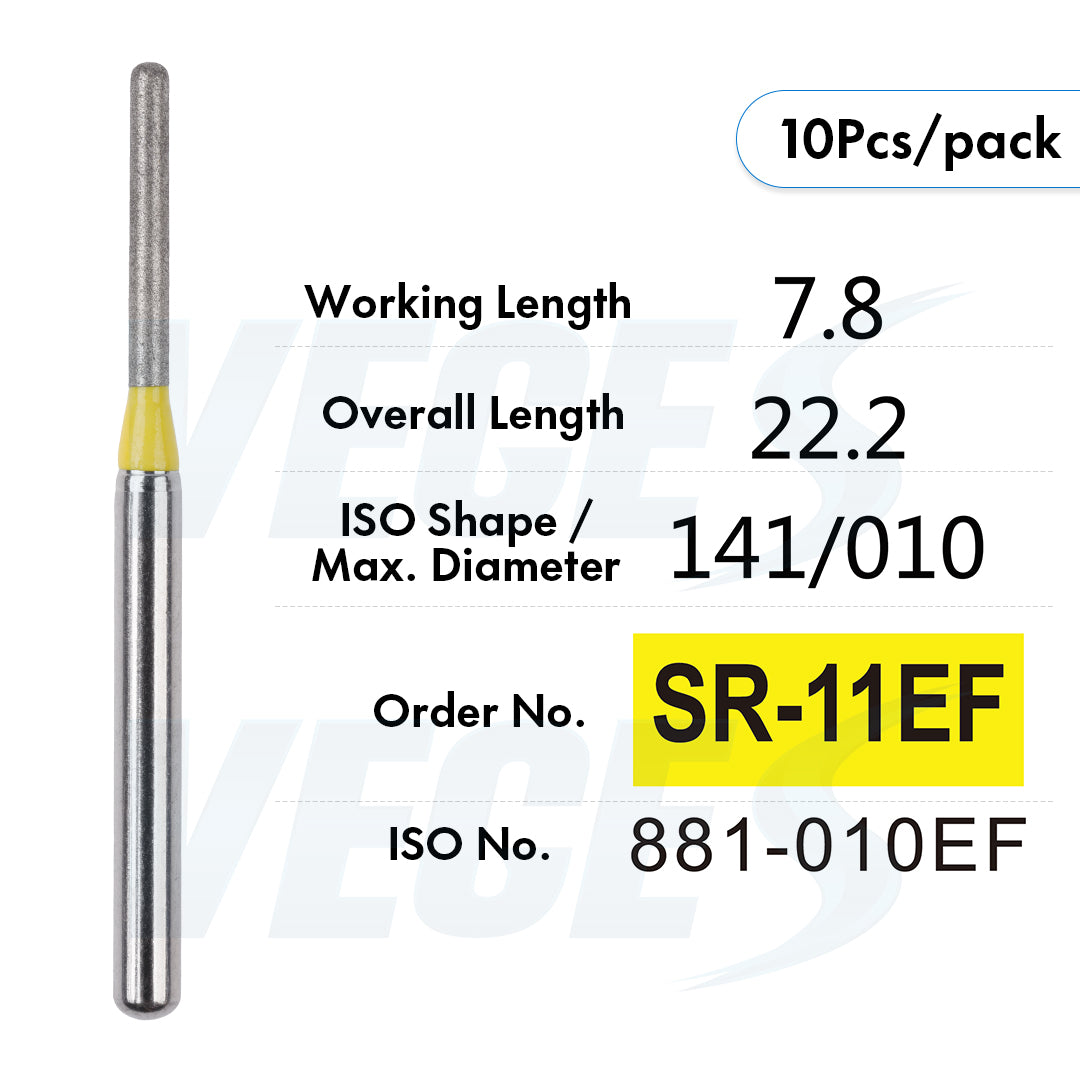 Veges Dental SR Extra Fine Torpedo Round-End Cylinder Diamond Dental Bur for Crown Preparation - 10pcs/Pack