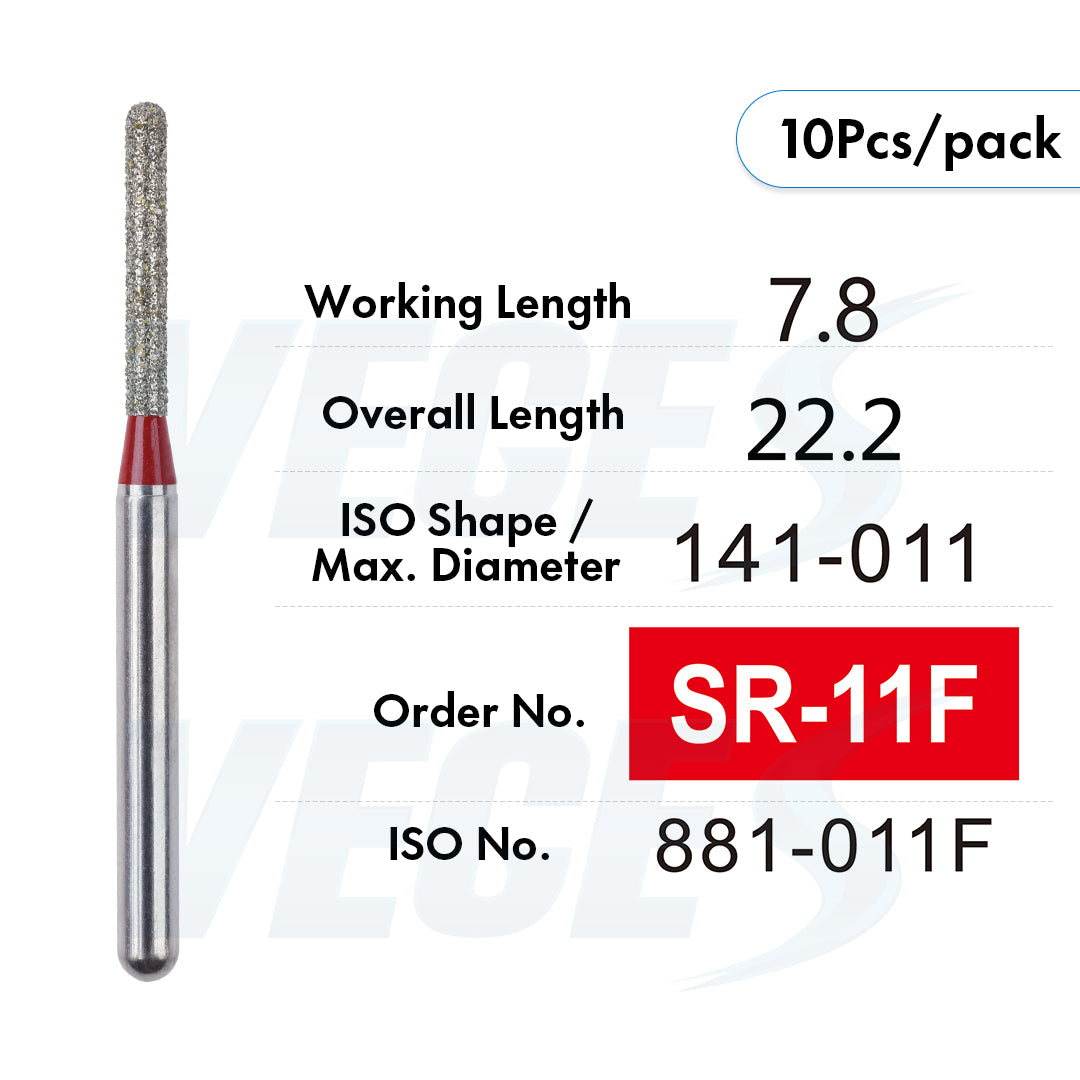 Veges Dental SR Fine Torpedo Round-End Cylinder Diamond Dental Bur for Crown Preparation - 10pcs/Pack