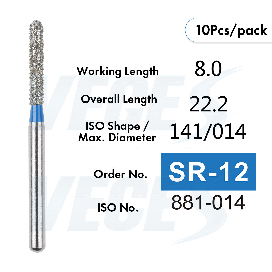 Veges Dental SR Standard Grit Torpedo Round-End Cylinder Diamond Dental Bur for Crown Preparation - 10pcs/Pack