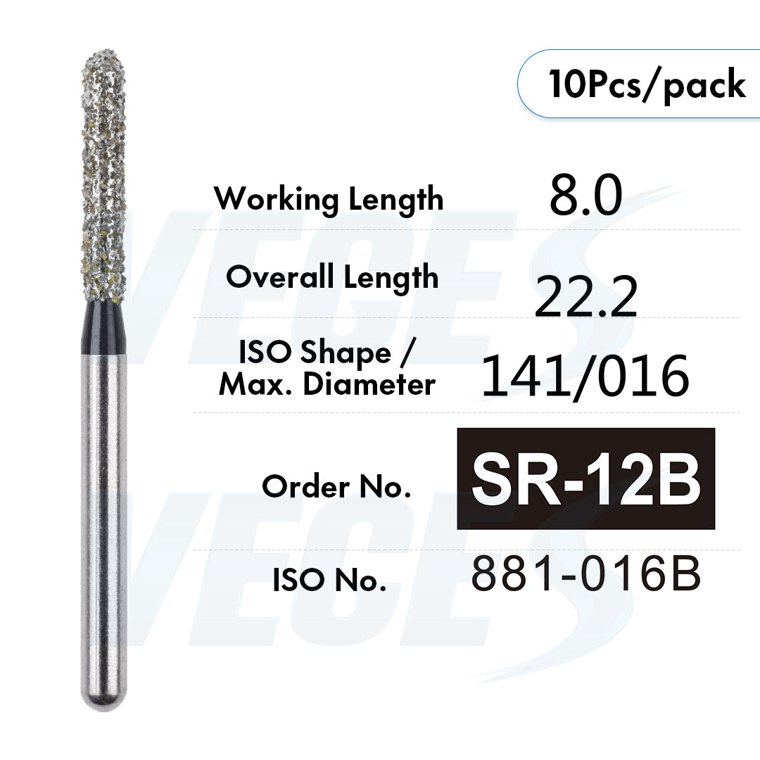 Veges Dental SR Super Coarse Round-End Cylinder Diamond Dental Bur for Crown Preparation - 10pcs/Pack